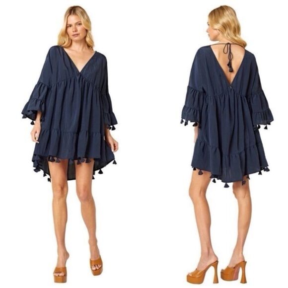NWOT!  Misa Mahtab Crinkle Bell Sleeve Babydoll Dress with Tassels - Size M - Picture 1 of 15